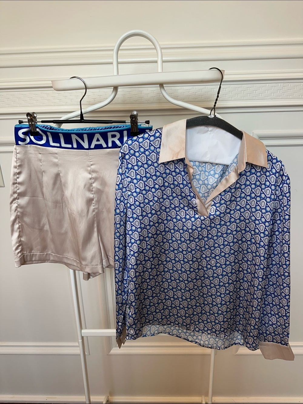 Blue Geometric Silk Blouse & Satin Shorts Set